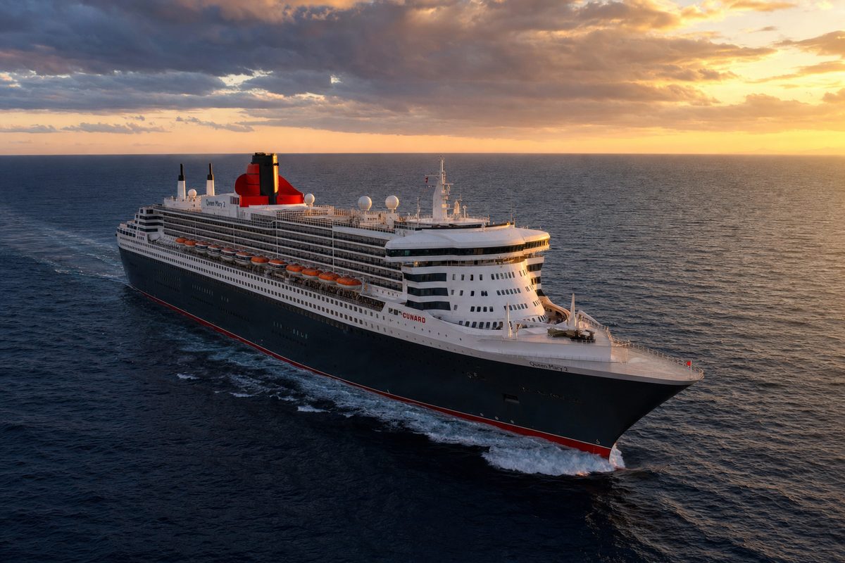 Queen Mary 2 — Cunard flagship ocean liner at sunset